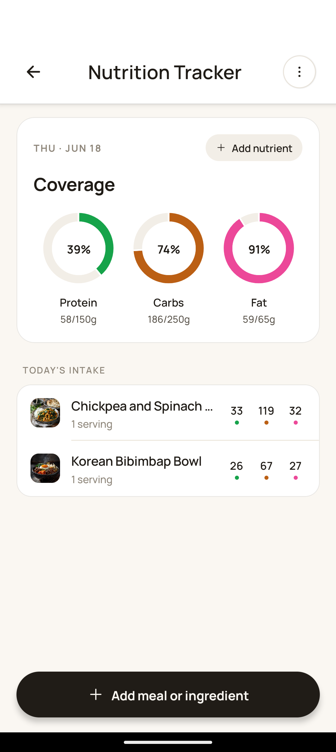 Nutrition coverage dashboard with protein, carb, and fat rings