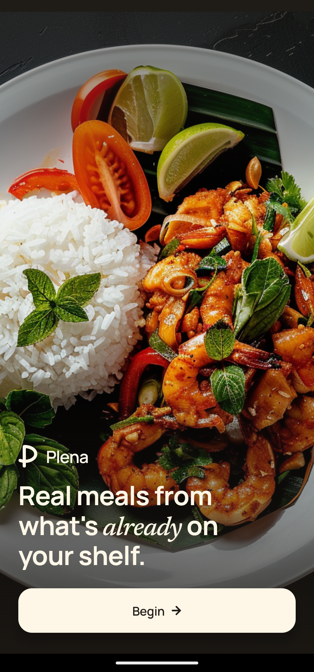 The Plena onboarding screen — real meals from what's already on your shelf