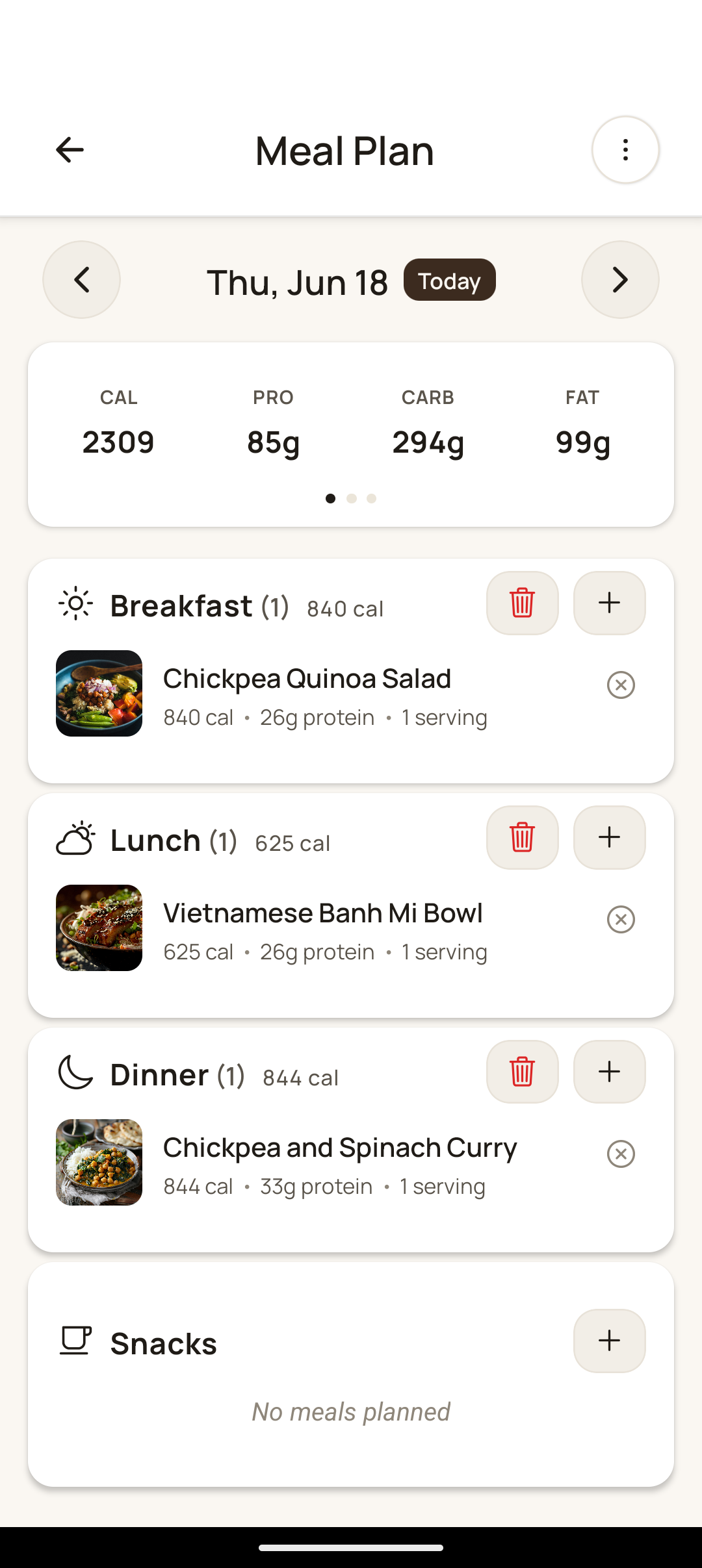 Weekly meal planner in Plena