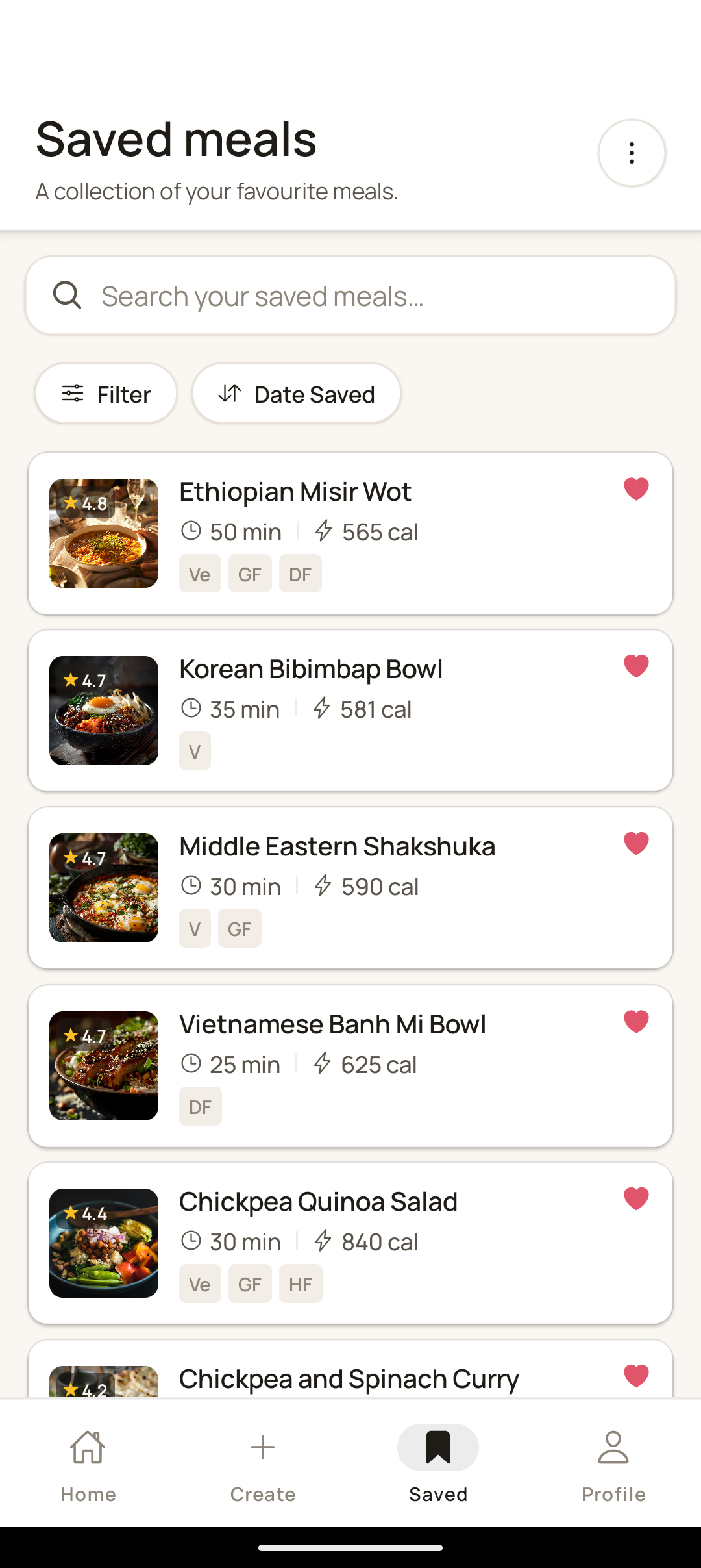 Your saved meals — a personal collection of favourites